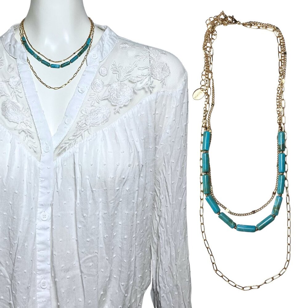 Faux Turquoise Beaded Gold Tone Chain Layered Claire’s Necklace Boho 14.5-17.5”